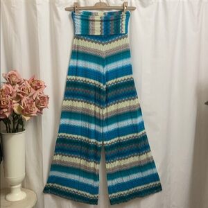 Karina Grimaldi Palazzo Fold Over Pants Blue Green Zig Zag Retro Print Bells